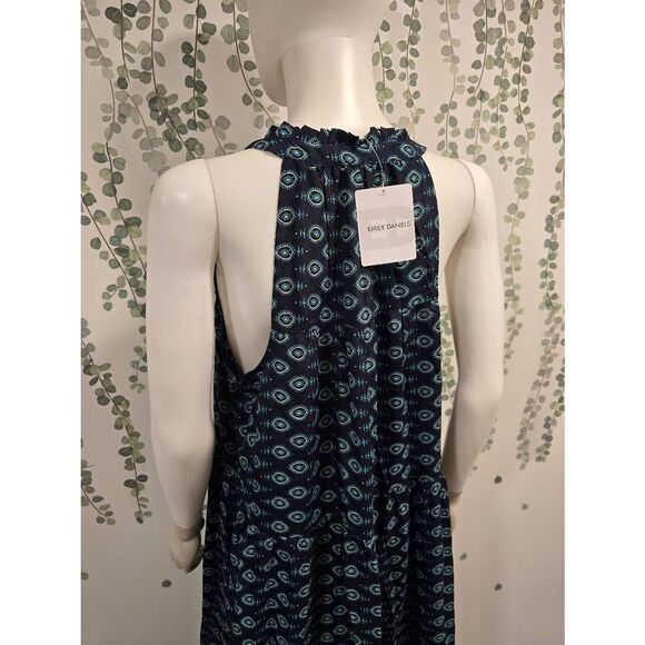 Emily Daniels Sleeveless Boho Maxi Dress Navy Teal Print Size L NWT Tiered Tasse - Picture 9 of 12